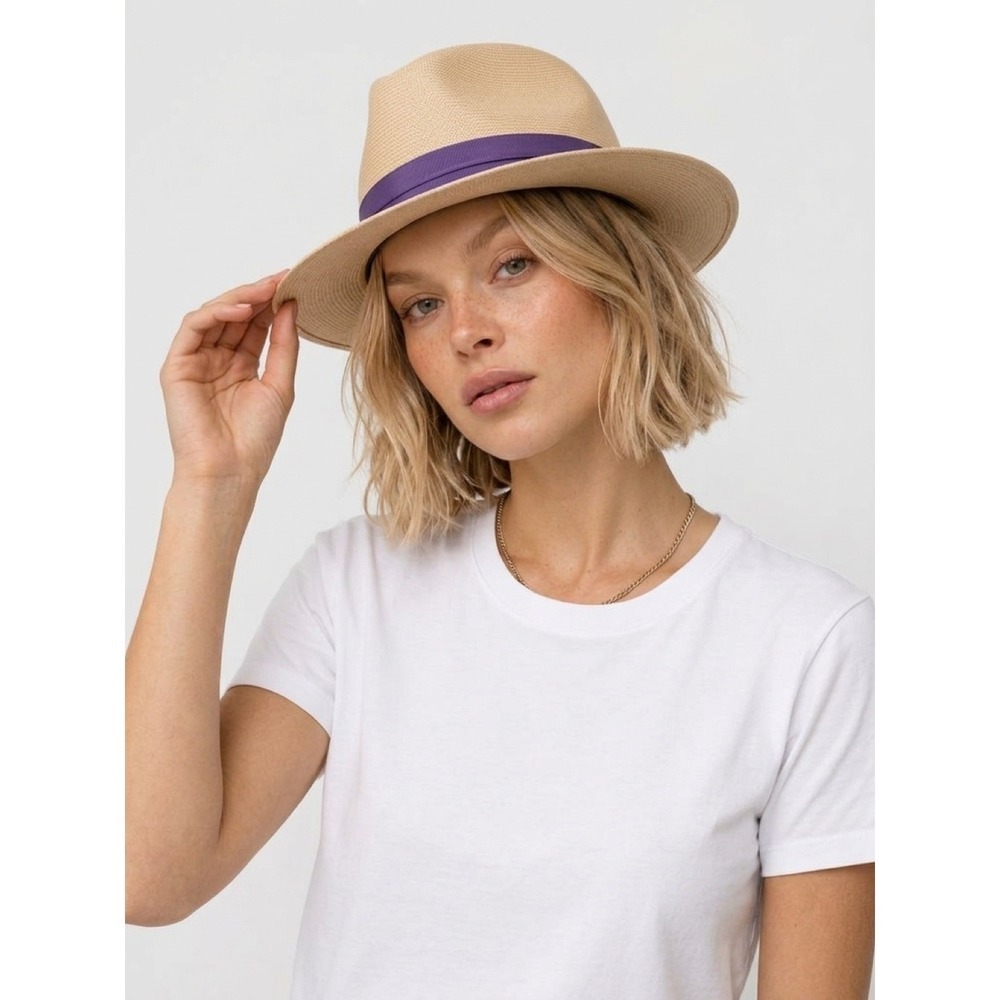 Pappagallo Vintage 60's Straw Fedora Hat Purple Ribbon Retro Chic Preppy